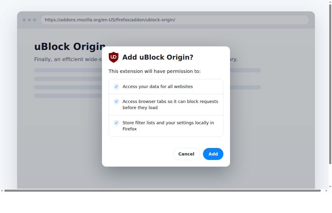Firefox permission dialog asking to add uBlock Origin and showing the requested browser permissions.