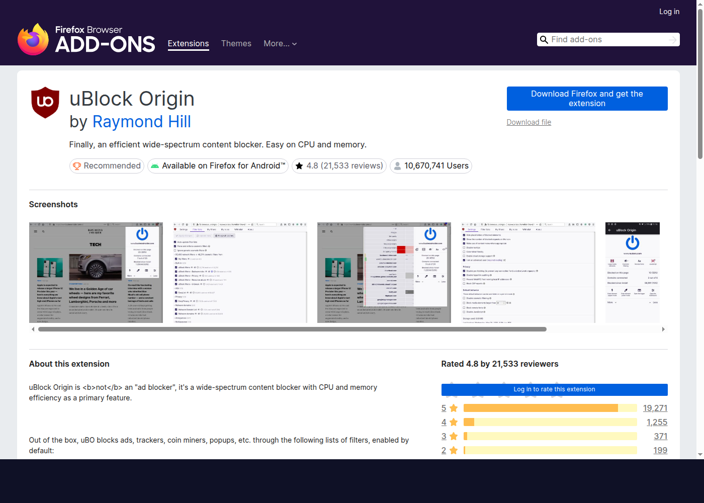 Mozilla Add-ons listing for uBlock Origin with the Add to Firefox button visible.