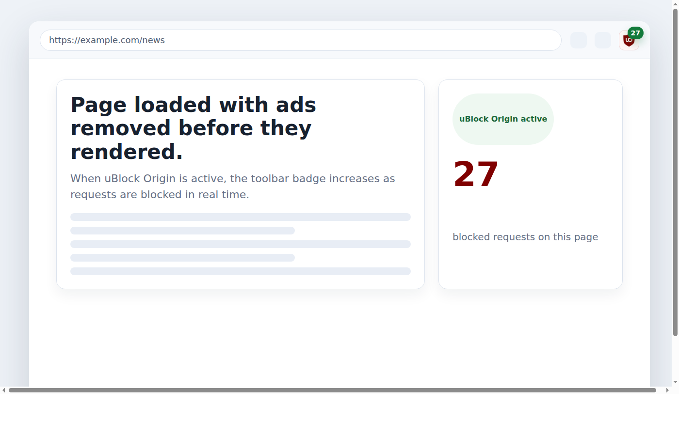 Firefox toolbar with the uBlock Origin icon pinned and a blocked-request counter visible.
